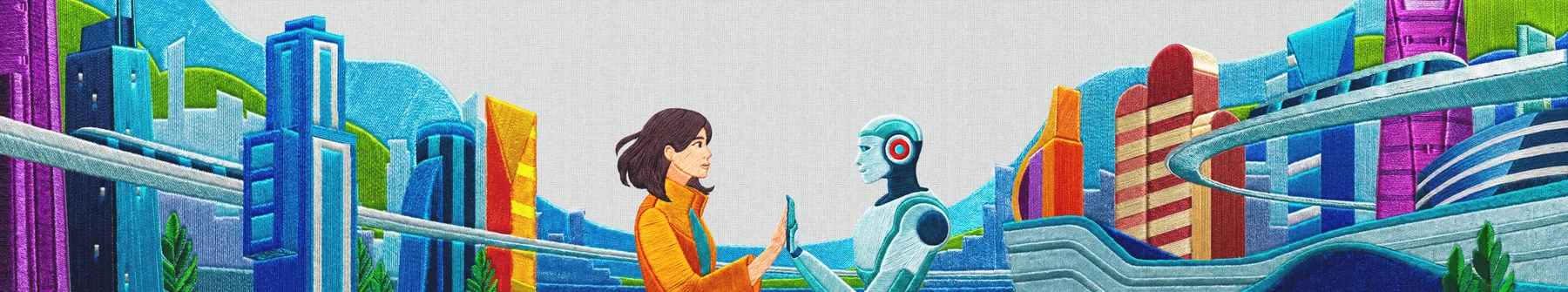 A person and a robot facing each other against a futuristic skyline, people and technology meeting