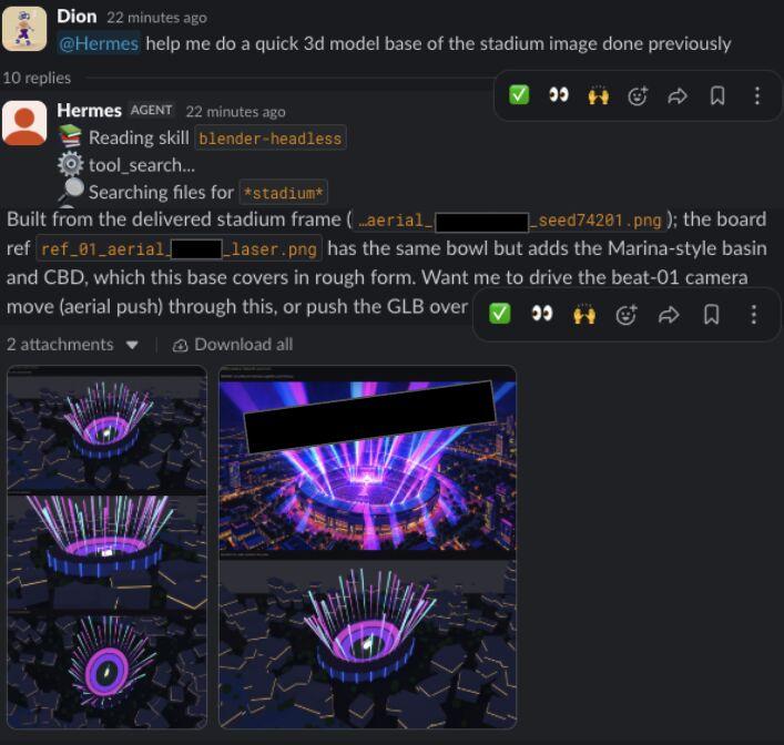 Office agent reasoning through a 3D build task in a Slack thread