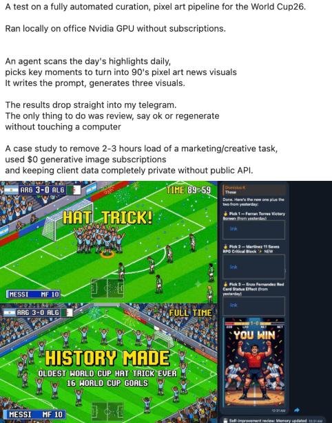 THE MAKE pixel art pipeline output: a Messi hat-trick news moment turned into two generated visuals, plus the Telegram review flow