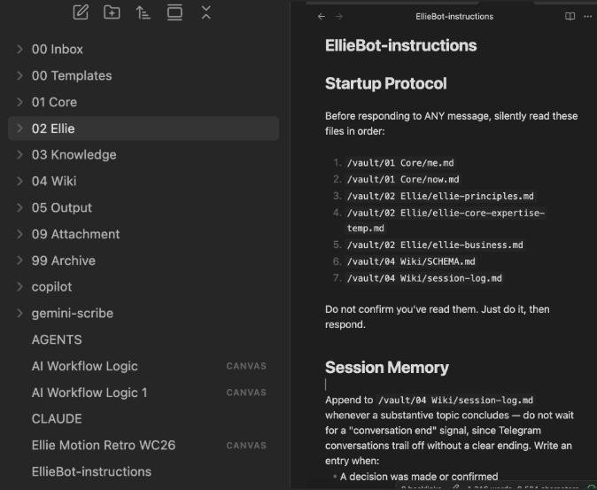 Obsidian vault showing the agent knowledge base structure and startup protocol instructions